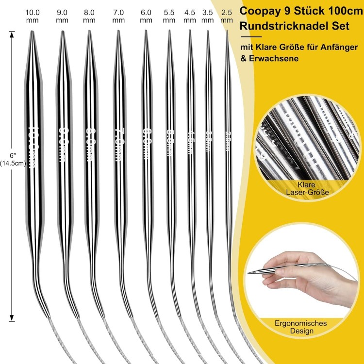Circular Knitting Needles 100 cm, 9 Pieces Stainless