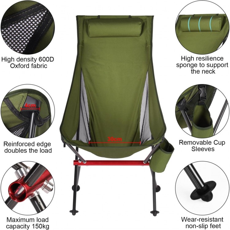 Foldable Camping Chair High-Backed Chair with 2 Storage Bags and Carry Bag