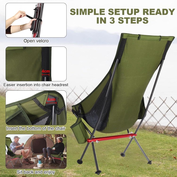 Foldable Camping Chair High-Backed Chair with 2 Storage Bags and Carry Bag