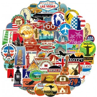 Set of 100 Waterproof Stickers featuring Vintage Travel Labels