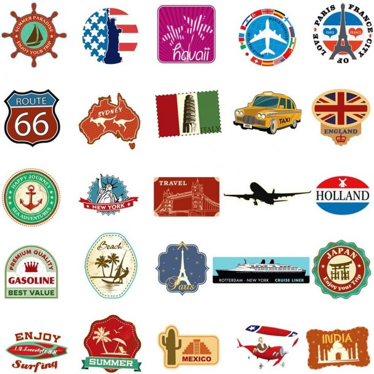 Set of 100 Waterproof Stickers featuring Vintage Travel Labels