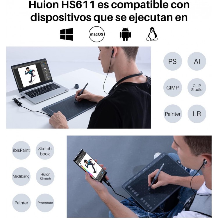 HUION HS611 Tableta Gráfica,Tabletas de Dibujo Profesional con Lápiz D