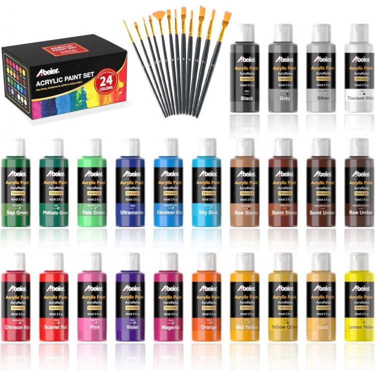 ABEIER Pintura Acrilica, 24 Colores × 60ml, Kit de Pinturas Acrilicas