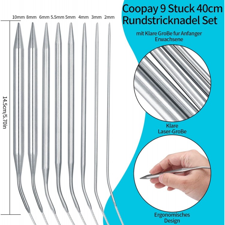 8 Piezas Agujas de Tejer Circulares Acero Inoxidable, Agujas Redondas