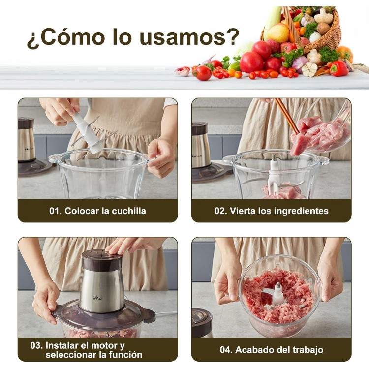 Bear 2L Vidrio Picadora De Alimentos, Función Pulso Con Una Mano,2600r