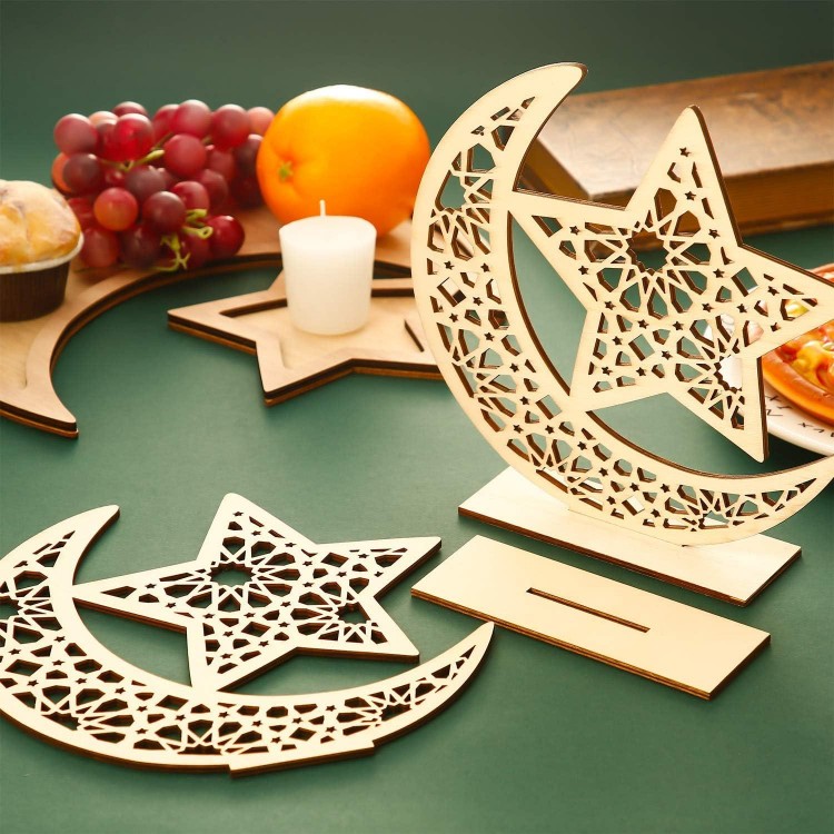 2 Sets Ornement en Bois Eid Mubarak Déco de Table en Bois de Ramadan P