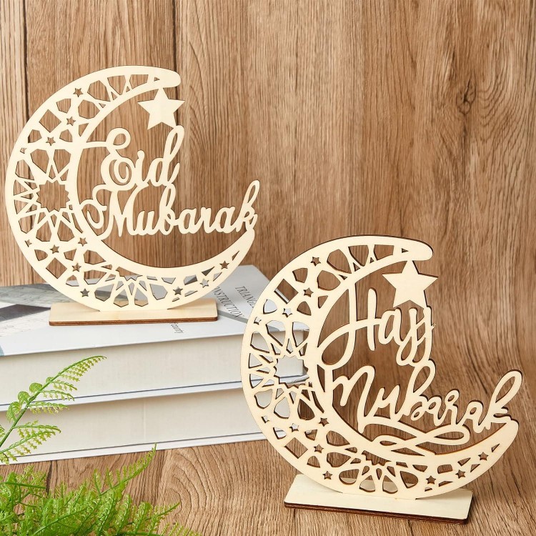 2 Sets Ornement en Bois Eid Mubarak Ornement de Plaque à Suspendre Ram