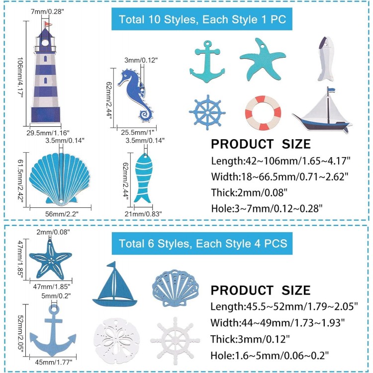 CHGCRAFT 34pcs 16Style Décorations Suspendues Nautiques en Bois Mini O