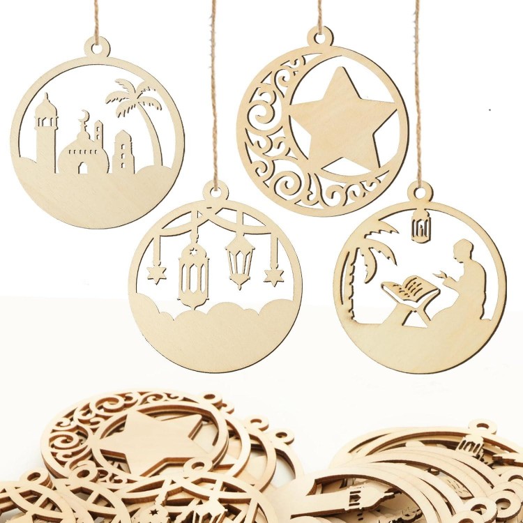 24Pcs Pendentif Bois Ramadan Boule Eid Suspendre 4 Motif Mosquée Lune