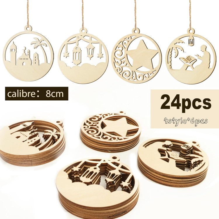 24Pcs Pendentif Bois Ramadan Boule Eid Suspendre 4 Motif Mosquée Lune