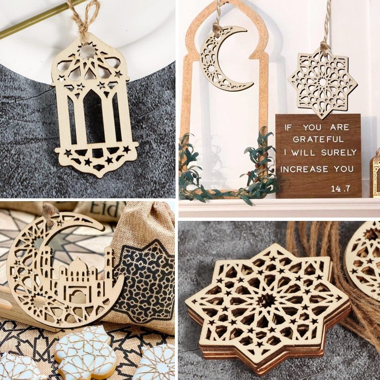 24Pcs Eid Mubarak Suspensions Bois Pendentif Décoration Guirlandes Ram