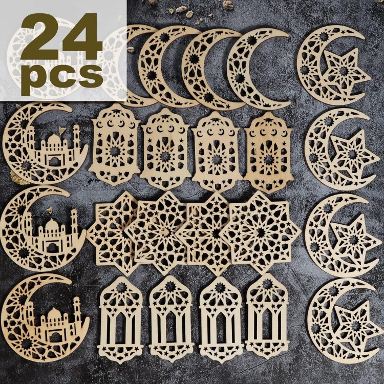 24Pcs Eid Mubarak Suspensions Bois Pendentif Décoration Guirlandes Ram