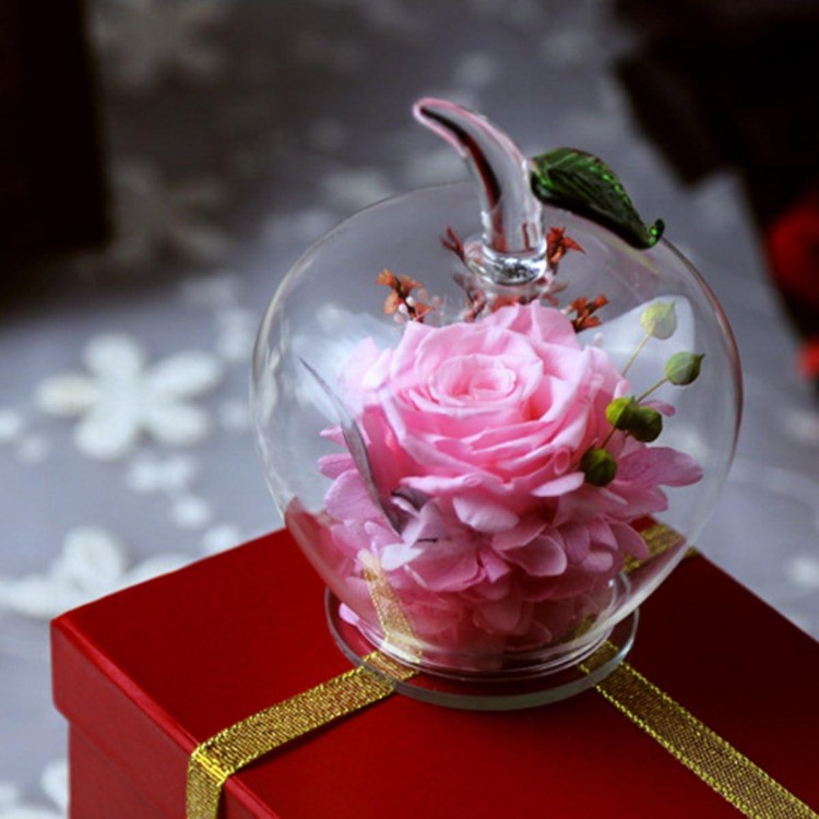 Rose préservée dans un verre en forme de pomme - Fait main - Superbe c