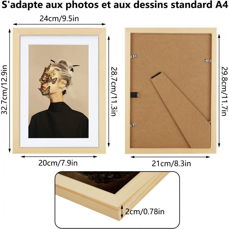 SENENQU Lot de 4 Cadre Photo A4 Bois, Cadre en Bois Massif Mural, Cadr